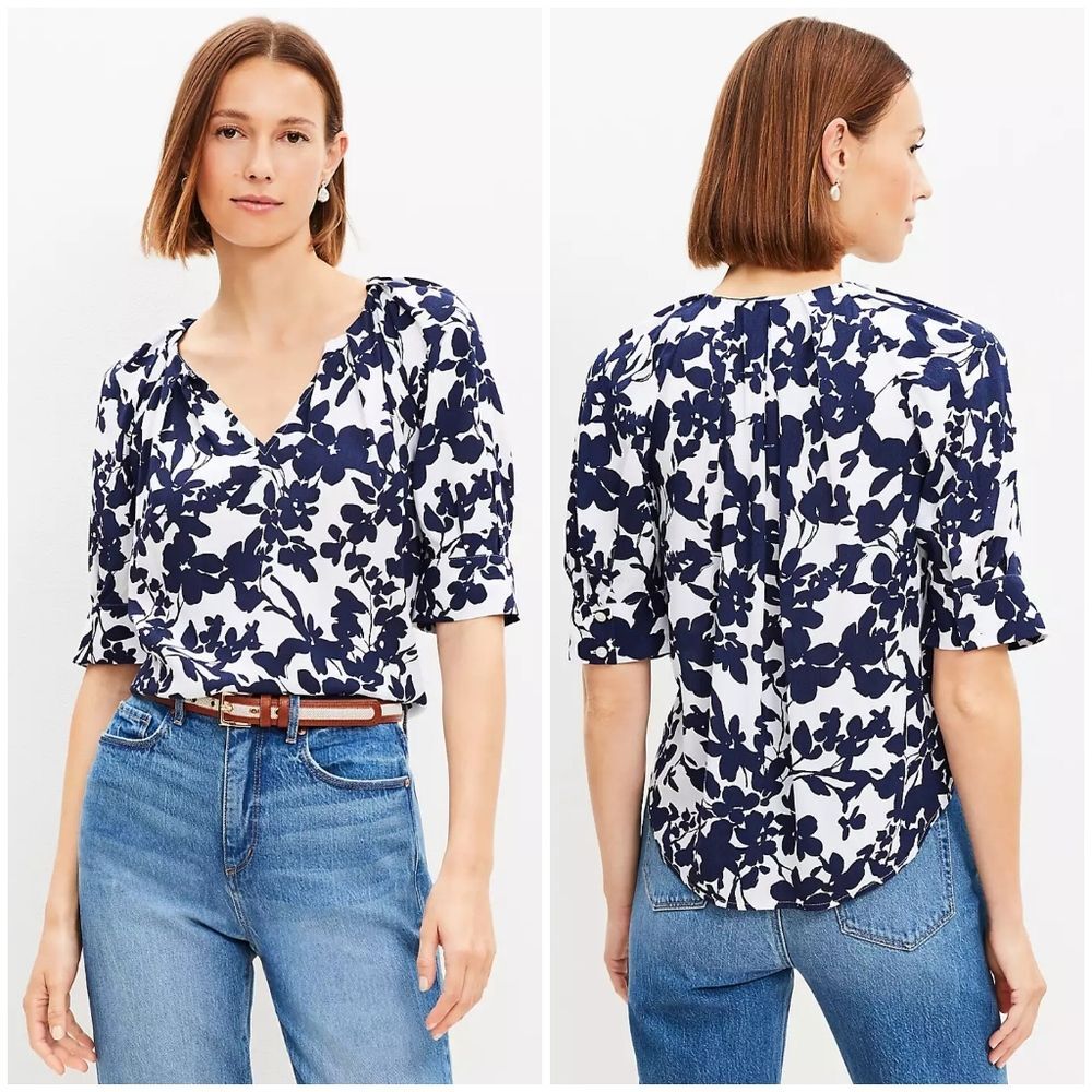 LOFT Petites Women's SP Forget Me Not Pleated Floral V-Neck Blouse Blue